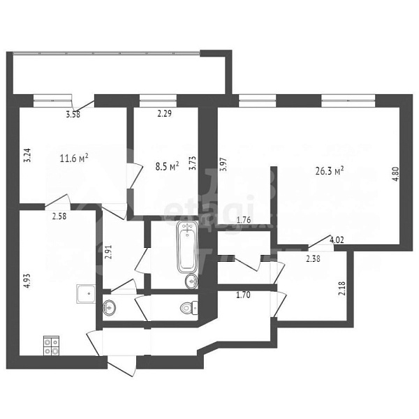 Квартира 3-комн., 86.7 м²