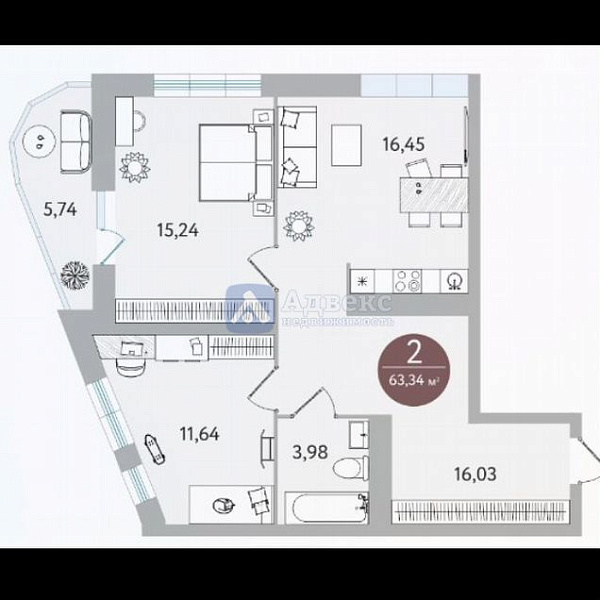 2-к квартира, 64 кв.м.