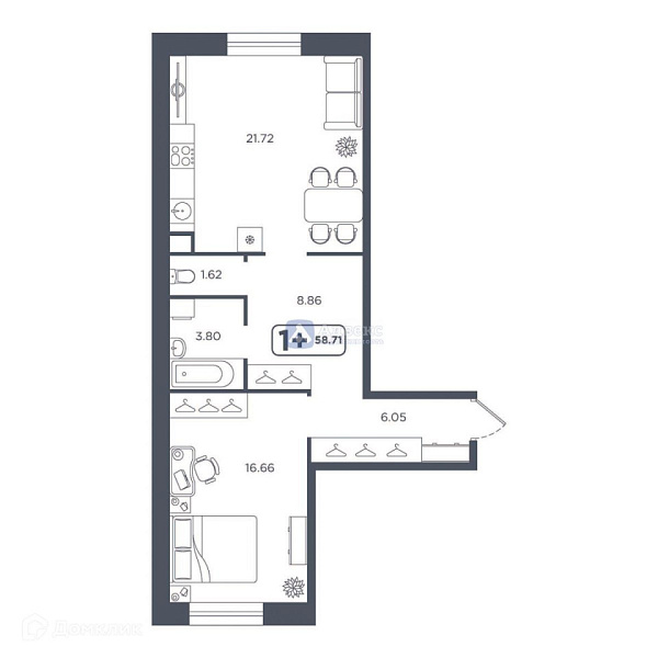 1-к квартира в новостройке, 58 кв.м.