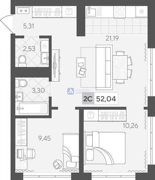 2-к квартира в новостройке, 52 кв.м.