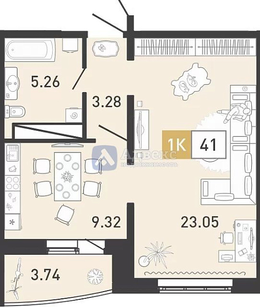 Квартира 1-комн., 41 м²
