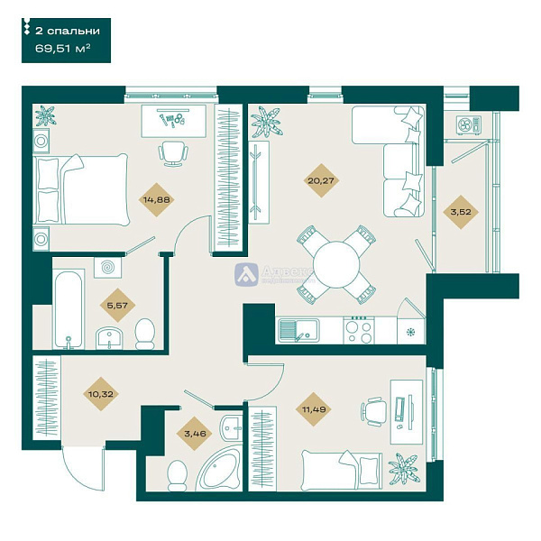 2-к квартира в новостройке, 69 кв.м.